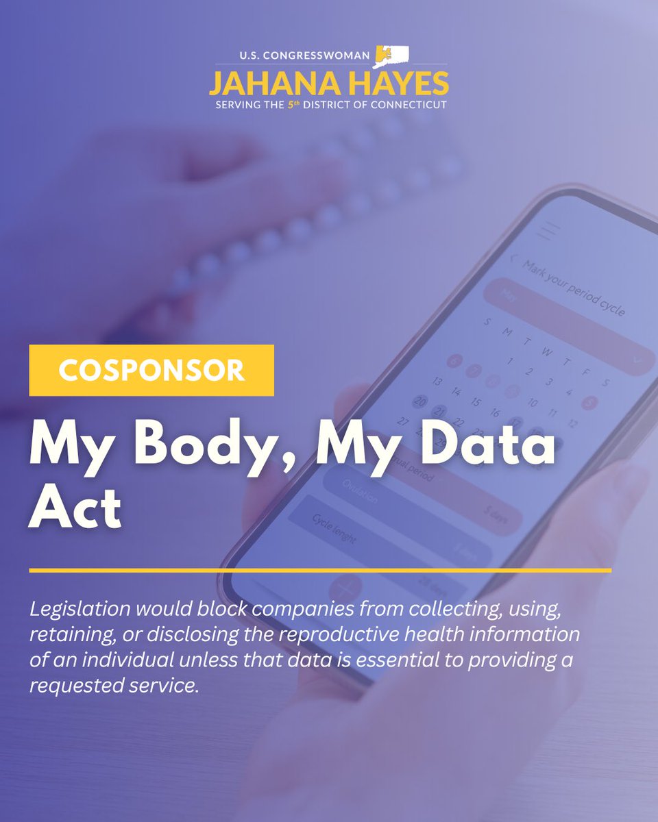 Your privacy matters &amp; protecting personal health data is essential.
‌
I am once again a cosponsor of the My Body, My Data Act to ensure that control of your sensitive data belongs to you and you feel safe when seeking care.