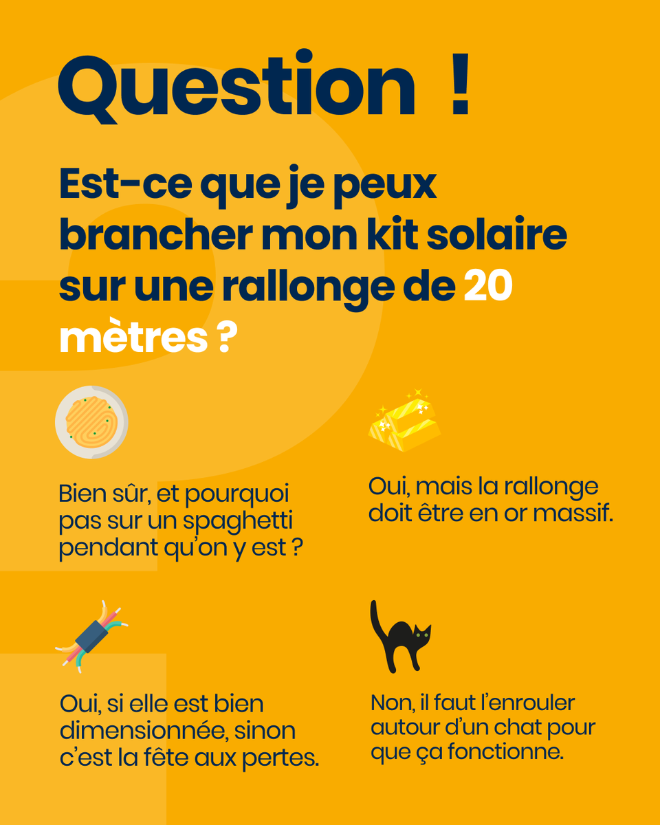 allosolar's tweet photo. 🔌 Brancher un #kitsolaire sur une rallonge de 20 mètres ?
🧐 Bonne ou mauvaise idée ?

☁️ Dis-nous en commentaire ce que TU choisirais
👉 Tag quelqu’un qui a déjà été dans cette situation

Bonne chance à tous !

#PanneauSolaire #Photovoltaïque #InstallationSolaire https://t.co/JzIJ1Enn3z