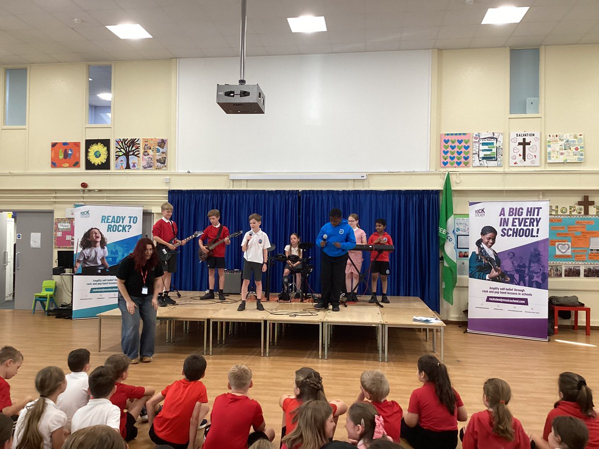 GrangeCESchool's tweet photo. Today, we welcomed Rocksteady into our school for a fun Rock and Pop Assembly and workshops.  Great fun was had by all - even the staff when they formed their very own group! https://t.co/5IyqL1TNSX
