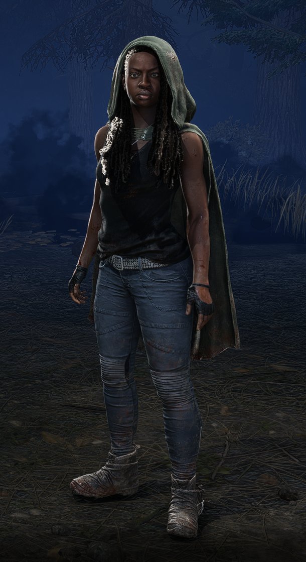 MintSkullYT's tweet image. Michonne Grimes Cosmetics! The one with the hood is a linked set! For some reason she is currently killswitched in the PTB?