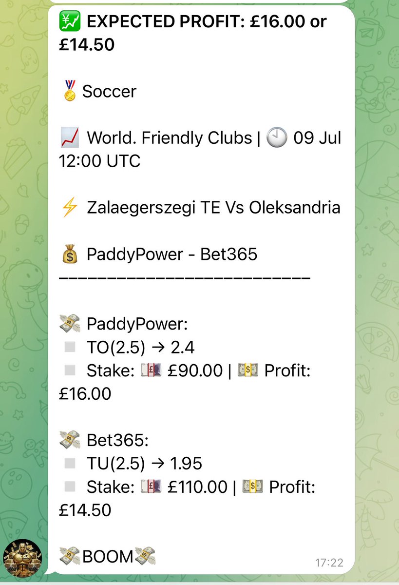 jetsetarbitrage's tweet photo. 💹 EXPECTED PROFIT: £16.00 or £14.50

Soccer

Zalaegerszegi TE Vs Oleksandria 

PaddyPower:
▫️ TO(2.5) → 2.4
▫️ Stake: 💷 £90.00 

Bet365:
▫️ TU(2.5) → 1.95
▫️ Stake: 💷 £110.00 

#betting #arbitragebetting #bettingtips #sportsbetting #valuebetting #surebets #riskfreebetting https://t.co/pTj8VbJUIO