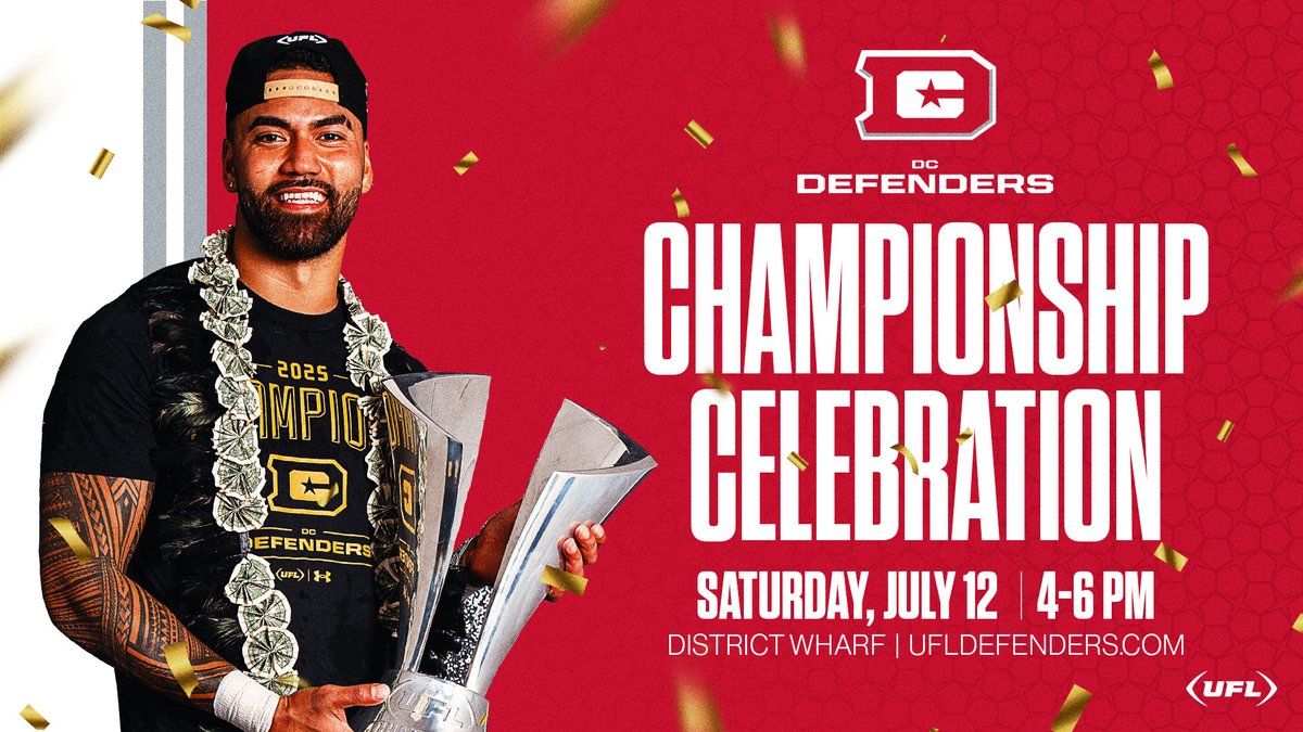 Come celebrate your DC Defenders as they cap off a championship season in style! Join them Saturday, July 12th from 4PM to 6PM at The District Wharf for a championship celebration that you won’t want to miss!!!