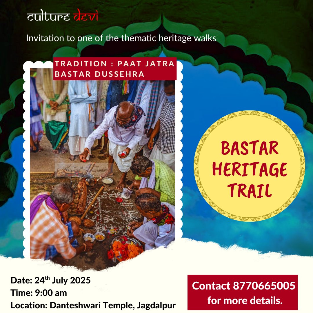 The 75-day Bastar Dussehra begins with Paat Jatra—a ritual so ancient it predates written history.
Join us to meet the Pargana heads who guard these animistic traditions. Our signature heritage walk since 2021.
Once a year. This is it.
📞 8770665005
#bastarheritagetrail2025