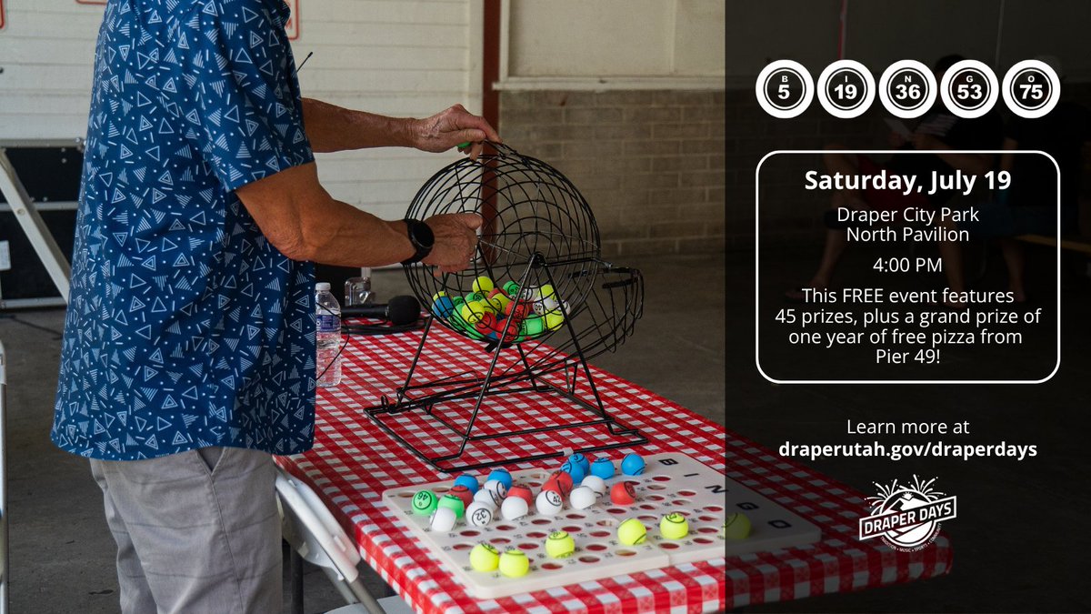 Join us for Bingo at Draper Park Saturday, July 19! This is a free event that features 45 prizes, plus a grand prize of one year of free pizza from Pier 49.