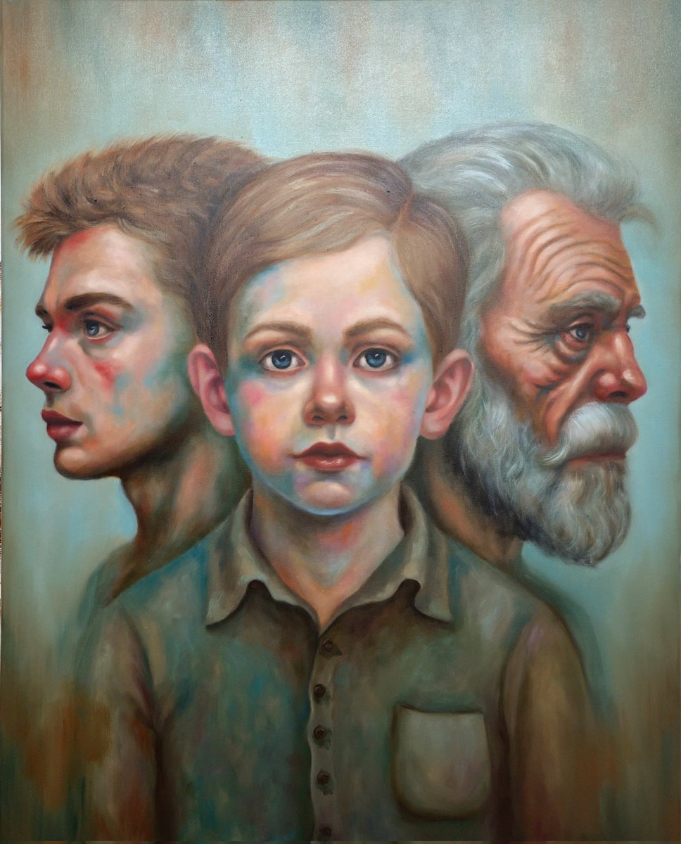 Borrowed Time
100cmx80cm on canvas

“Borrowed Time” is a contemplative portrait exploring the lifelong impact of our early choices on our later years. Three faces emerge, youth, adulthood, and old age, each gazing in different directions, caught in their own moment yet bound by