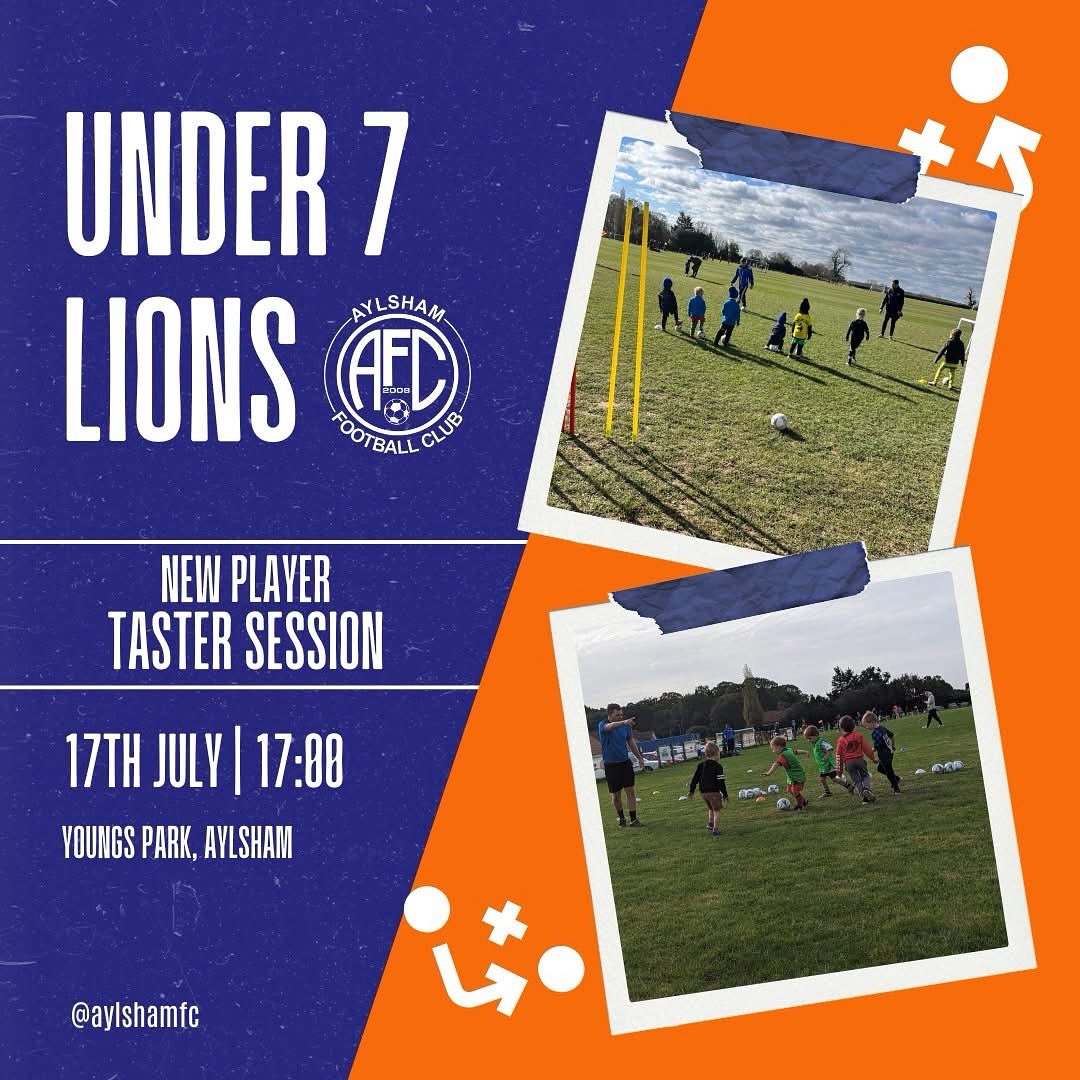 aylsham_fc's tweet image. 🦁 U7 Lions – Join the Pride! 🧡💙
Aylsham FC’s U7 Lions (for children going into Year 2 this September) are on the lookout for new players to join for the 2025/26 season!
📅 Taster Training Session: Thursday 17th July at 5:00pm
📞 For more info, contact Dan: 07702 198810