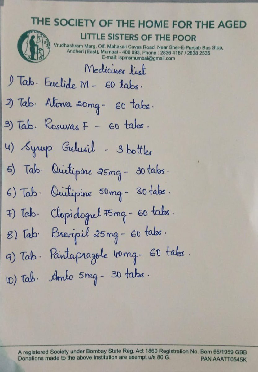 Hello Dear Friends, let’s do some charity work. An old age home in Andheri East, Mumbai is looking for the below medicines. Please donate , I will share my address in the DM. If you want to donate anything else , pls let me know. Let’s Increase your good karma by #RT .