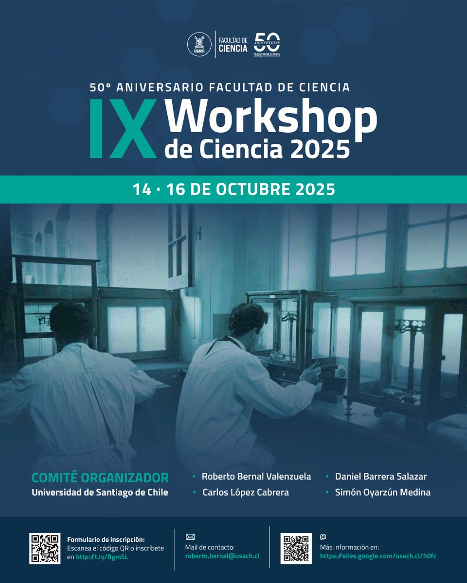 Facultad de Ciencia (@ciencia_usach) on Twitter photo Participa en el IX Workshop de Ciencia 2025 en el marco de nuestros 50 años de historia🧪✨
📍14 al 16 de octubre, <a href="/usach/">Universidad de Santiago de Chile</a>
🔎 Si tienes una investigación, te invitamos a enviar tu contribución aquí: t.ly/BgmSL
📎 Conoce más detalles: sites.google.com/usach.cl/50fc Participa en el IX Workshop de Ciencia 2025 en el marco de nuestros 50 años de historia🧪✨
📍14 al 16 de octubre, <a href="/usach/">Universidad de Santiago de Chile</a>
🔎 Si tienes una investigación, te invitamos a enviar tu contribución aquí: t.ly/BgmSL
📎 Conoce más detalles: sites.google.com/usach.cl/50fc