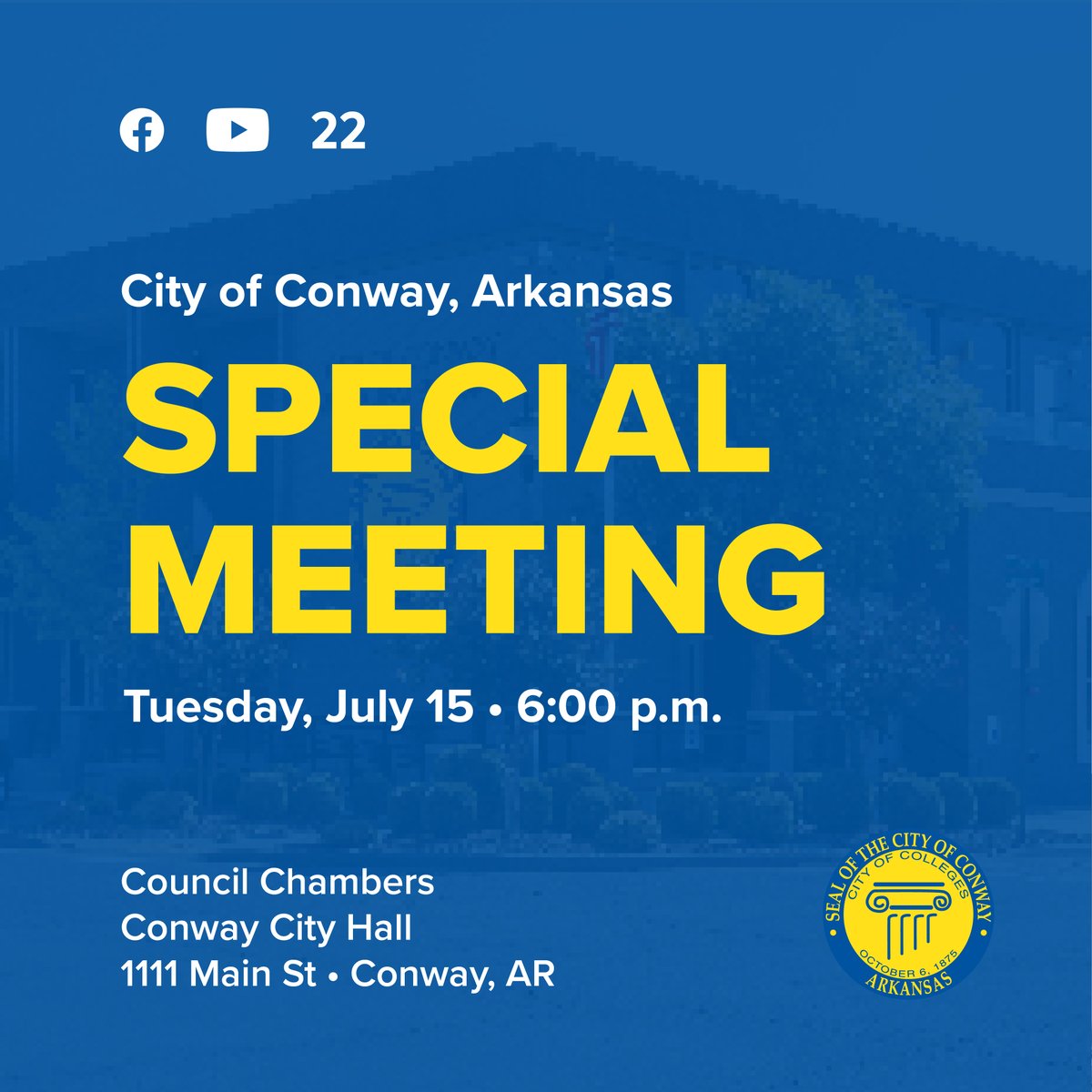 CityofConway's tweet photo. A special city council committee meeting has been called for Tuesday, July 15 at 6:00 p.m. to discuss a sales tax election. The committee meeting will be live-streamed to Facebook, Youtube, and Conway Corporation channel 22. https://t.co/StxAlmeLxO