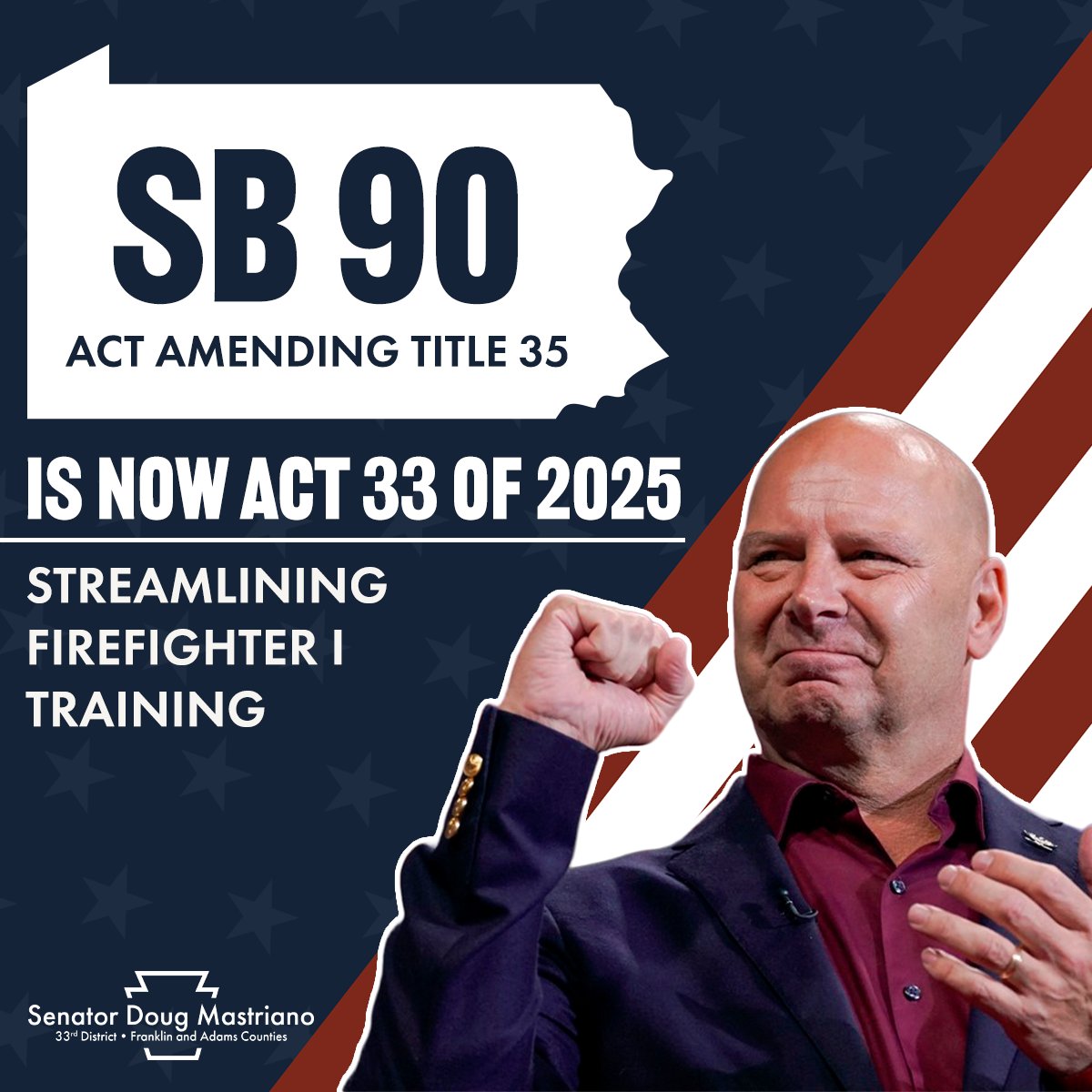 🚒 It’s Official – SB 90 Is Now Law! 🔥
We’re proud to announce that my bill SB 90, has been signed into law as Act 33 of 2025!

This new law makes it easier for firefighters-in-training to succeed by allowing them to take tests after each training module—rather than one big