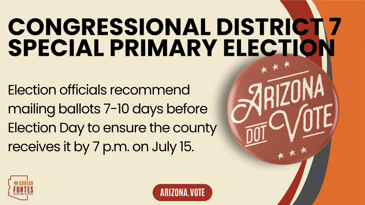 AZSecretary's tweet image. Today is the very last day officials recommend mailing your early ballot back. If you can't get it in the mail today, you can drop it off at a voting location or election drop box if they are available in your county. Visit Arizona.Vote for more info!