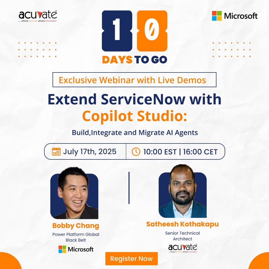 🚨 10 days to go! 🚨

Join us to explore how Copilot Studio extends ServiceNow with intelligent, adaptable agents—boosting automation and service efficiency.

👉 Register here: hubs.li/Q03wbCxT0

#CopilotStudio #Microsoft #Acuvate #ServiceNow #AI #GenAI