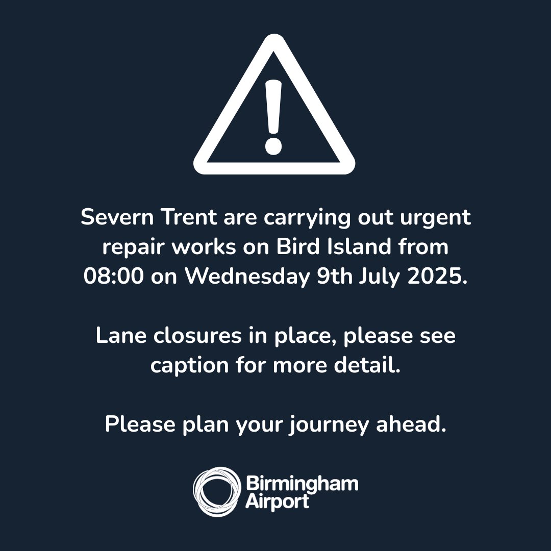 ⚠️Travelling to / from BHX, from 08:00 on Wed 9th July 2025 - please be aware that Severn Trent will be carrying out urgent repair works on Bird Island, resulting in partial lane closures approaching the roundabout. 

 Please plan ahead! 

 🔗 More info - orlo.uk/qksVc