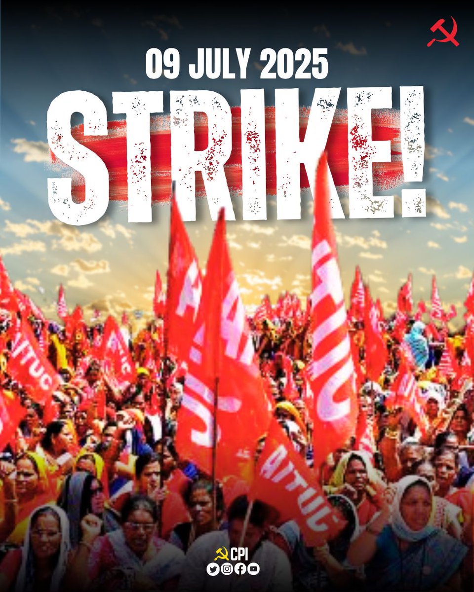 cpi_telangana's tweet image. Make the 9th July General Strike a grand success!

#CPI #AITUC #WorkersUnity #SKM #July9