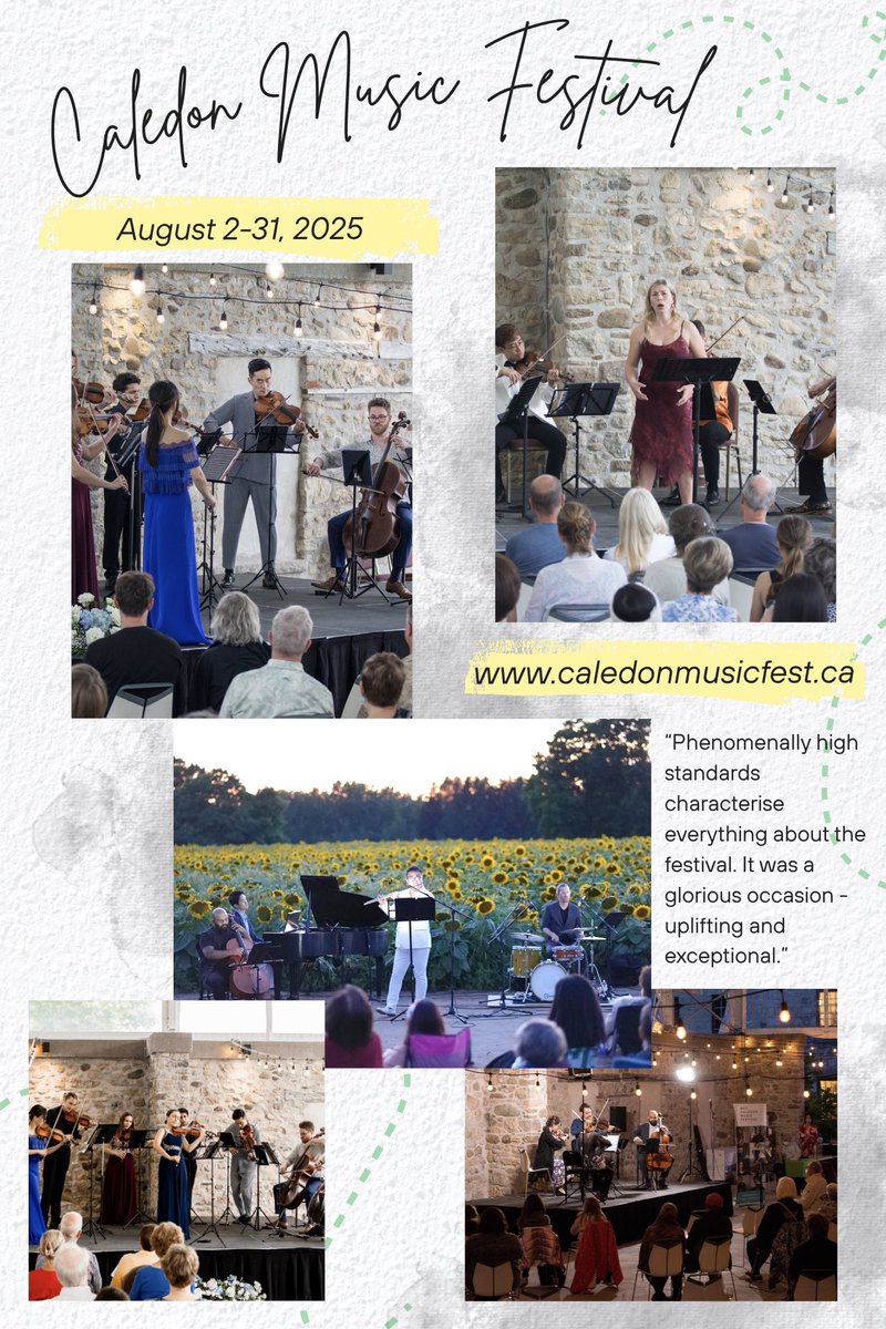 Caledon Music Festival 2025, August 2-31: With its breathtaking setting, and world-class performances, the festival is a true celebration of the transformative power of music! Come join us and help celebrating this year’s festival! 

To learn more, visit: caledonmusicfest.ca
