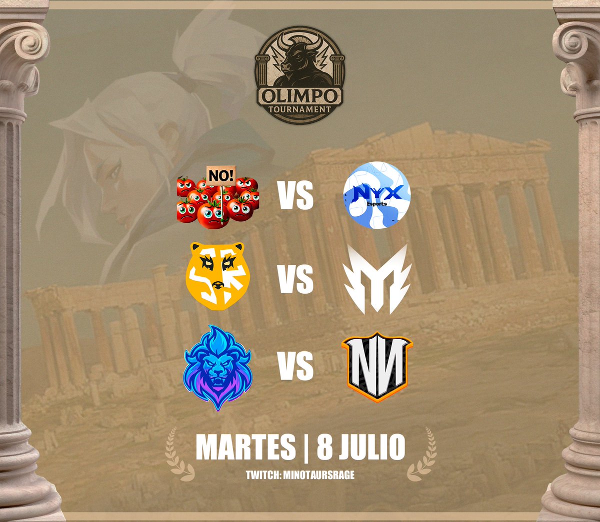 Minotaur's Rage (@minotaurs_rage) on Twitter photo Arranca la J.2 del OLIMPO TOURNAMENT 🔥🔥
<a href="/LosTumats/">LosTumats</a> vs <a href="/NyxPrimee/">Nyx Prime</a>
<a href="/SisireTeam/">Sisire eSports</a> vs <a href="/Monta_Club/">Monta Club</a>
<a href="/firelions_es/">FIRE LIONS 🦁</a> vs <a href="/NazgulNation/">NAZGUL NATION</a>
Nos vemos a las 18h con el partido de nyx y los tumats en twitch twitch.tv/minotaursrage Arranca la J.2 del OLIMPO TOURNAMENT 🔥🔥
<a href="/LosTumats/">LosTumats</a> vs <a href="/NyxPrimee/">Nyx Prime</a>
<a href="/SisireTeam/">Sisire eSports</a> vs <a href="/Monta_Club/">Monta Club</a>
<a href="/firelions_es/">FIRE LIONS 🦁</a> vs <a href="/NazgulNation/">NAZGUL NATION</a>
Nos vemos a las 18h con el partido de nyx y los tumats en twitch twitch.tv/minotaursrage