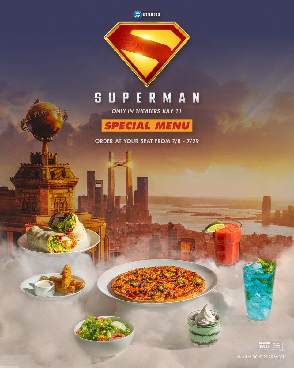 AlamoDC's tweet image. If ordinary moviegoing is your kryptonite, fly, don’t walk, to try our heroic #Superman menu, available at all shows now thru 7/29.
🔴Red Cape Margarita
🔵Krypton Cooler
🔴Superman Supreme Pizza
🔵Smallville Hot Chicken Wrap
🔴Kryptonite Cheesecake
Info: drafthouse.com/news/james-gun…