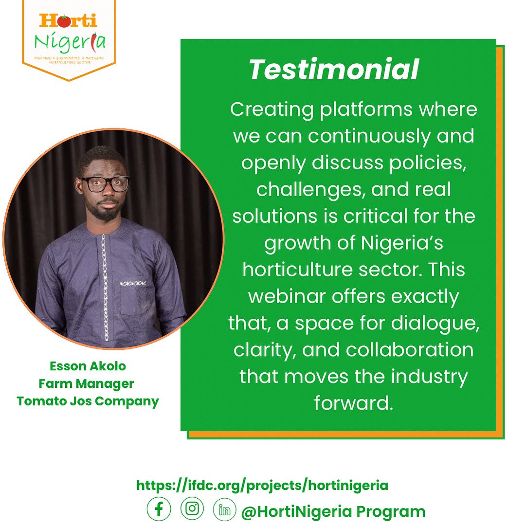 “Creating platforms to discuss real policy solutions is critical for Nigeria’s horticulture sector.” 
Our speaker at our recent webinar said it best! Dialogue, clarity, and collaboration are what move us forward. 

#HortiNigeria #AgriDialogue #Horticulture