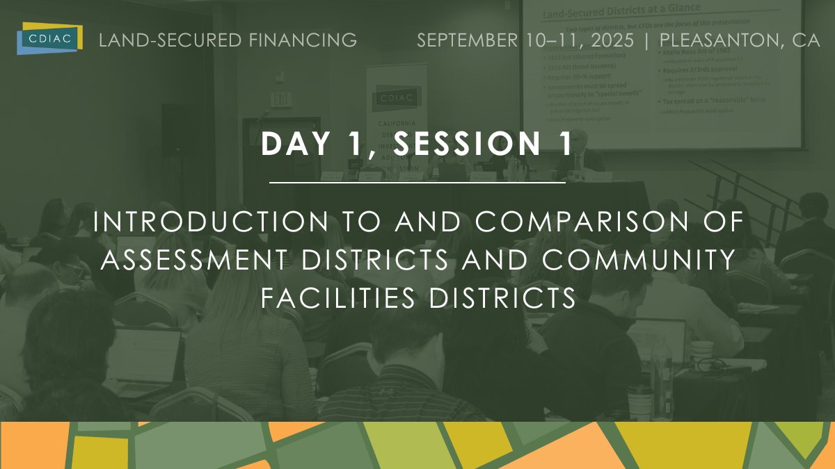cdiac_sto's tweet image. Join us for the "Introduction to and Comparison of Assessment Districts and Community Facilities Districts" session at #Landsecured2025 on September 10–11. Register here: tinyurl.com/25lsregister
#muniland #publicfinance #cdiacsto