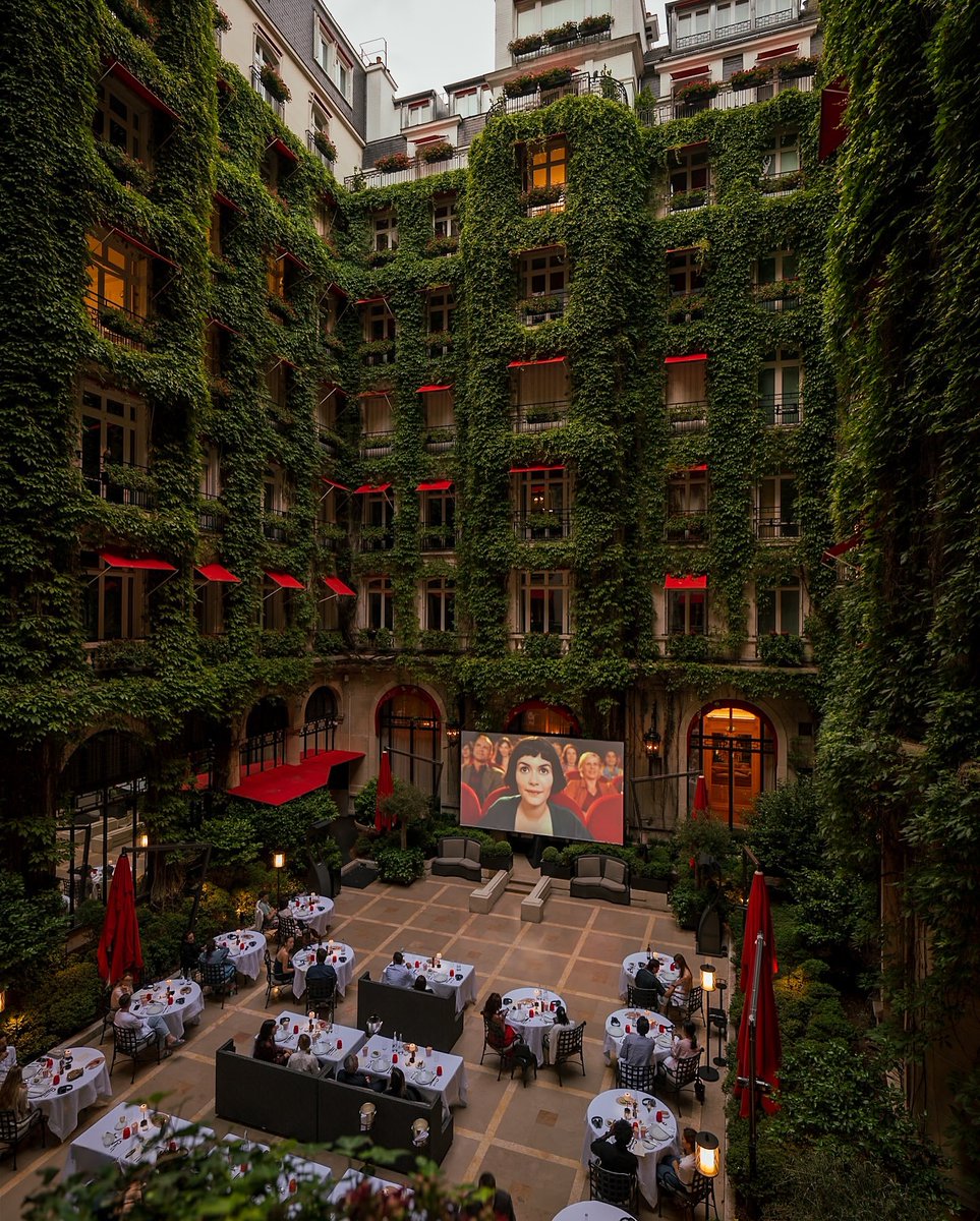 Paris'te lüks bir otelin gizli avlusunda şarap eşliğinde sinema keyfi.