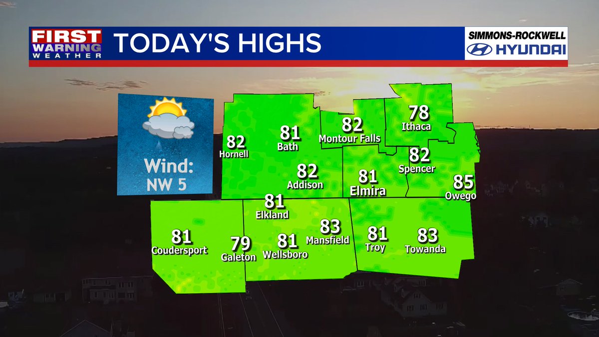 High temperatures still have a ways to go but are still looking to climb to the low 80s for most. Isolated drizzle will bring trace amounts of rain to the Twin Tiers over the next few hours, while the Northern Tier will see more organized showers this afternoon.