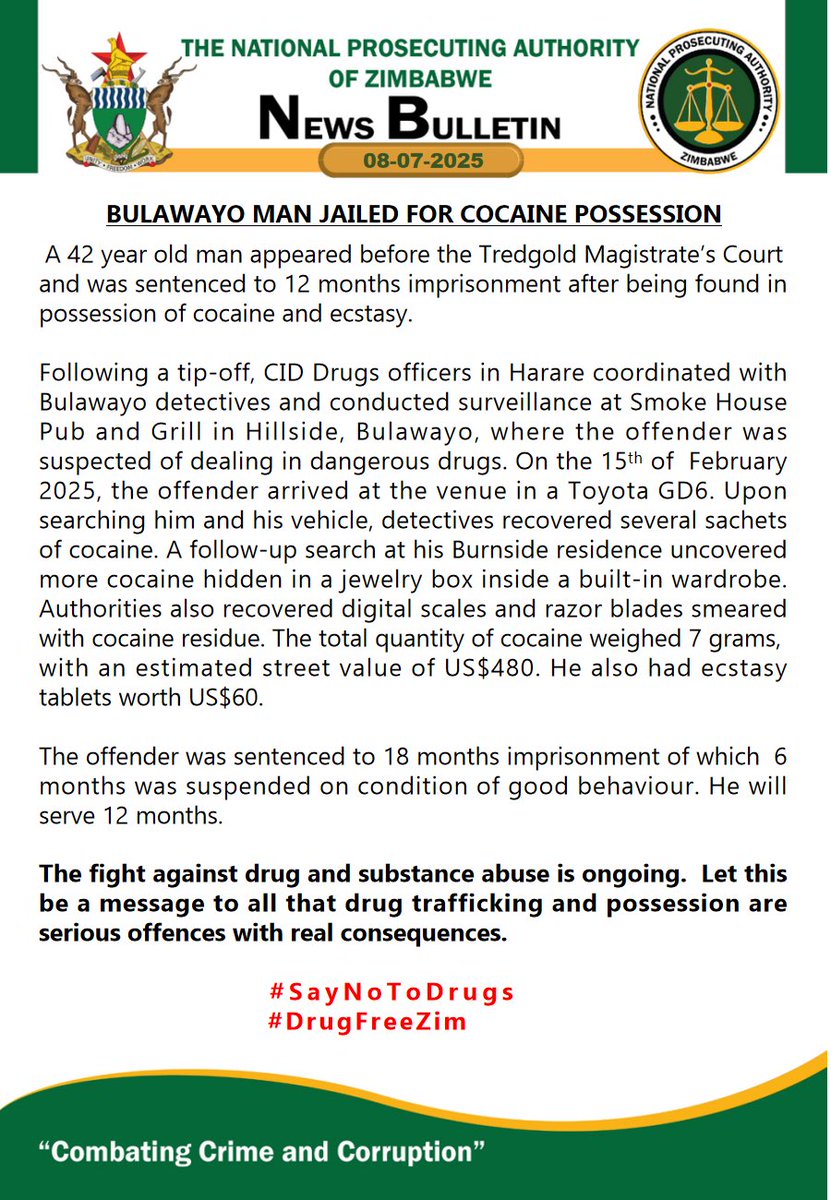 National Prosecuting Authority of Zimbabwe (@npazim) on Twitter photo Bulawayo Man Jailed for Cocaine Possession
#CombatingCrimeAndCorruption
<a href="/gwasbuz/">george swarei</a> <a href="/SkyzMetroFM/">Skyz Metro FM</a> <a href="/khulumanifm95/">Khulumanifm Radio</a> <a href="/crimewatchzw/">Crime Watch Zimbabwe</a> <a href="/NewZimbabweCom/">NewZimbabwe.com</a> <a href="/HeraldZimbabwe/">The Herald Zimbabwe</a> <a href="/ChronicleZim/">The Chronicle</a> <a href="/realafrogazette/">AfroGazette News</a> <a href="/GreatDykeNews/">Great Dyke News Online</a> <a href="/NewZiana/">NewZiana News Agency</a> <a href="/NewsHawksLive/">TheNewsHawks</a> <a href="/3KtvZim/">3Ktv</a> <a href="/breezefmstereo/">Breeze FM Victoria Falls</a> Bulawayo Man Jailed for Cocaine Possession
#CombatingCrimeAndCorruption
<a href="/gwasbuz/">george swarei</a> <a href="/SkyzMetroFM/">Skyz Metro FM</a> <a href="/khulumanifm95/">Khulumanifm Radio</a> <a href="/crimewatchzw/">Crime Watch Zimbabwe</a> <a href="/NewZimbabweCom/">NewZimbabwe.com</a> <a href="/HeraldZimbabwe/">The Herald Zimbabwe</a> <a href="/ChronicleZim/">The Chronicle</a> <a href="/realafrogazette/">AfroGazette News</a> <a href="/GreatDykeNews/">Great Dyke News Online</a> <a href="/NewZiana/">NewZiana News Agency</a> <a href="/NewsHawksLive/">TheNewsHawks</a> <a href="/3KtvZim/">3Ktv</a> <a href="/breezefmstereo/">Breeze FM Victoria Falls</a>