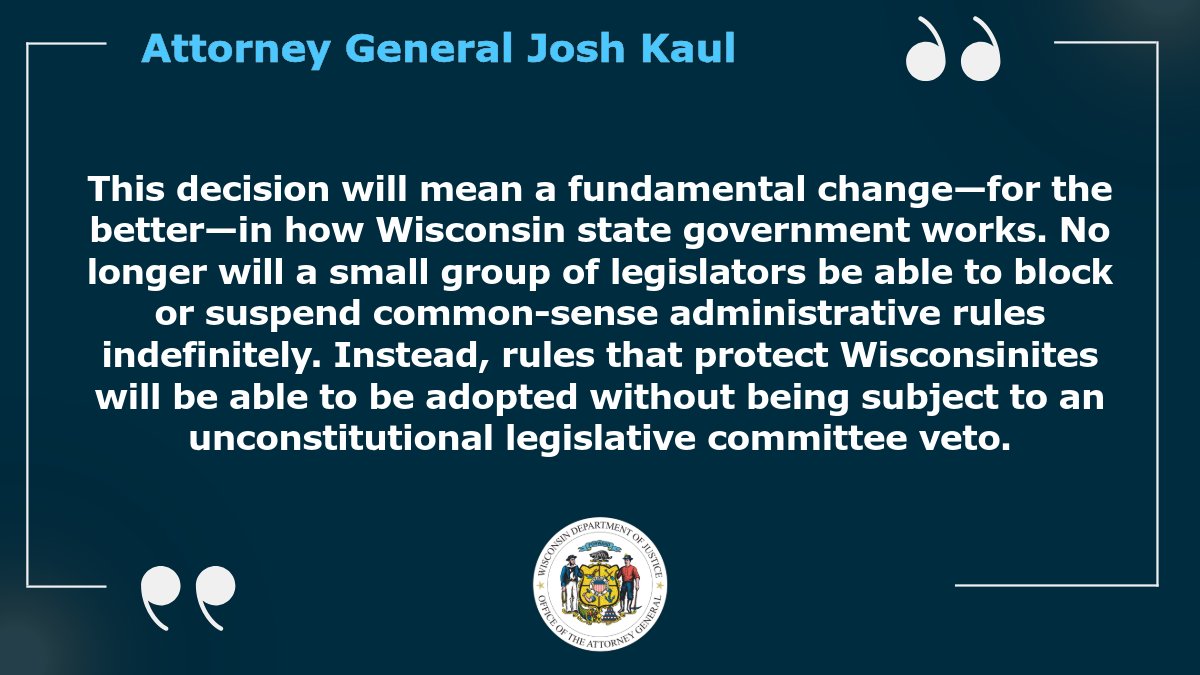 WisDOJ's tweet image. AG Josh Kaul issued the following statement after the Wisconsin Supreme Court released its decision today in Evers v. Marklein: