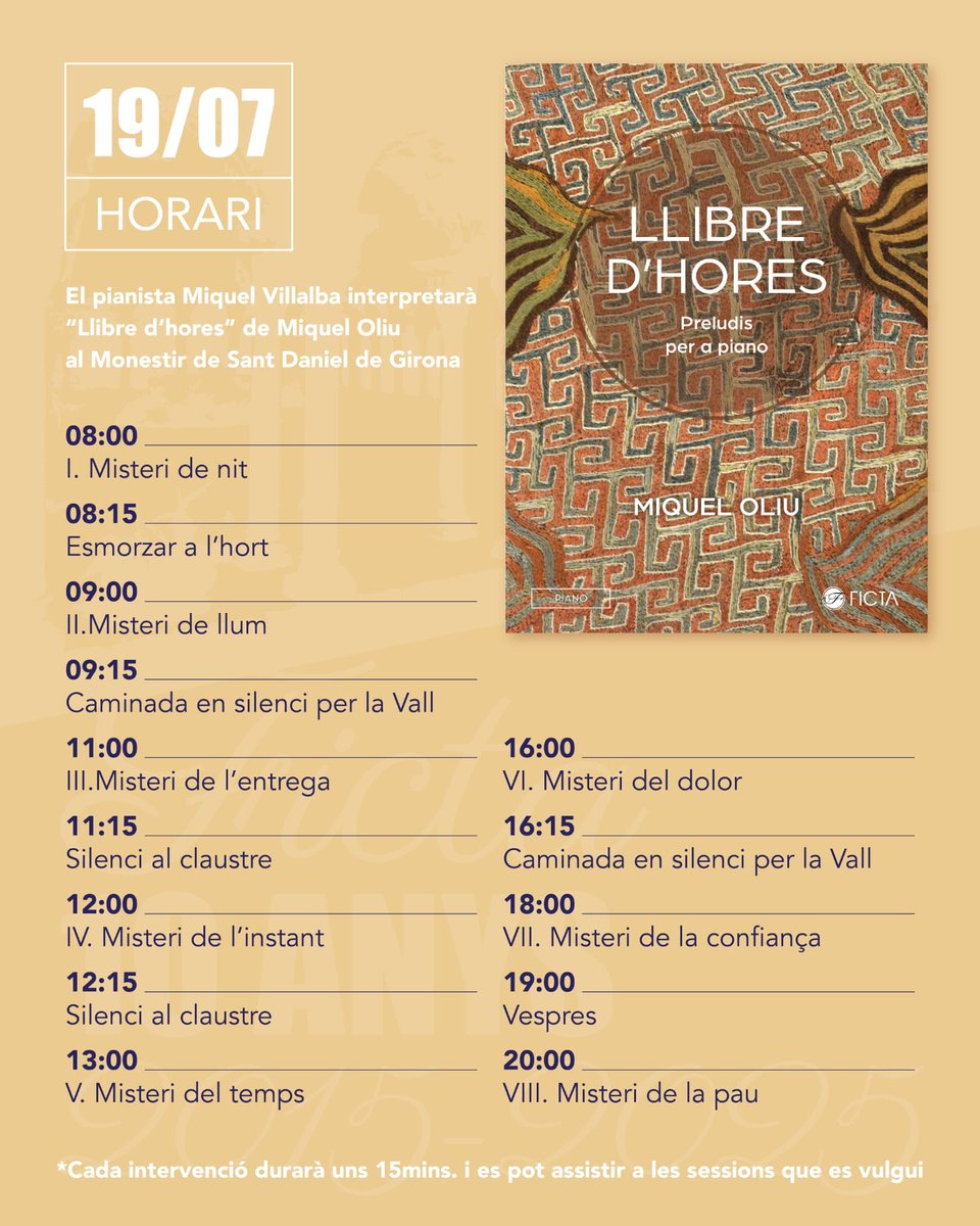 Monestir Sant Daniel (@santdaniel_gi) on Twitter photo El proper dissabte 19 de juliol us proposem una Jornada de música I silenci organitzada conjuntament amb <a href="/FictaEdicions/">FICTA edicions</a> i amb la col·laboració de l'Ajuntament de <a href="/Girona_Cat/">Ajuntament de Girona</a>
La música de Miquel Oliu, interpretada pel pianista Miquel Villalba, ens marcarà el ritme de les hores. El proper dissabte 19 de juliol us proposem una Jornada de música I silenci organitzada conjuntament amb <a href="/FictaEdicions/">FICTA edicions</a> i amb la col·laboració de l'Ajuntament de <a href="/Girona_Cat/">Ajuntament de Girona</a>
La música de Miquel Oliu, interpretada pel pianista Miquel Villalba, ens marcarà el ritme de les hores.