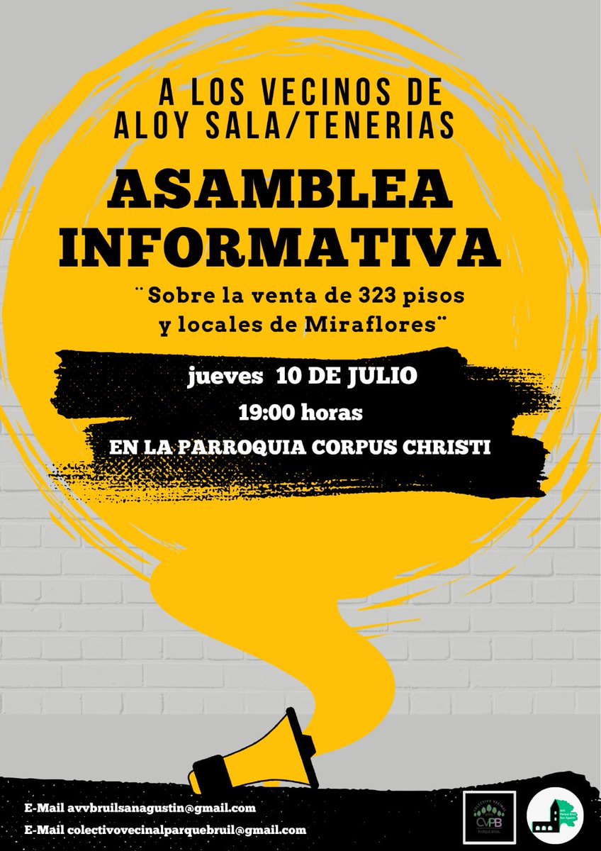 🏘️ ¿Vives en Aloy Sala o Tenerías? Esta reunión te interesa.

📣 Este jueves 10 de julio, a las 19:00 h, convocamos una Asamblea Informativa sobre la venta de los 323 pisos y locales de Miraflores.

📍 Será en la Parroquia Corpus Christi del barrio.

#ParqueBruilDigno