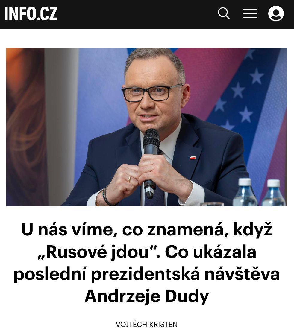 INFO.CZ (@infocz_web) on Twitter photo 👉 info.cz/zpravodajstvi-…
„U nás všichni dobře vědí, co to znamená, když Rusové jdou. Když zabíjí, znásilňují.“
Mrazivá slova, která včera zazněla v Praze z úst končícího polského prezidenta <a href="/AndrzejDuda/">Andrzej Duda</a>. Celý kontext a další silné momenty z jeho vystoupení na 👉 info.cz/zpravodajstvi-…
„U nás všichni dobře vědí, co to znamená, když Rusové jdou. Když zabíjí, znásilňují.“
Mrazivá slova, která včera zazněla v Praze z úst končícího polského prezidenta <a href="/AndrzejDuda/">Andrzej Duda</a>. Celý kontext a další silné momenty z jeho vystoupení na