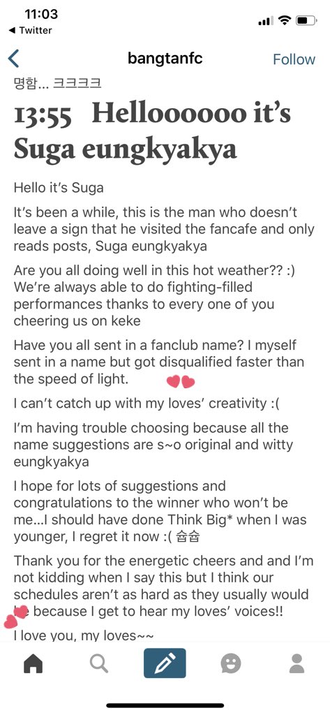 sakinayoongi's tweet photo. A gentle reminder Yoongi used to call Army "my loves" as nickname before the official fandom name was decided. He's the cutest person ever, so romantic 🥹 https://t.co/I4CJToMiCD