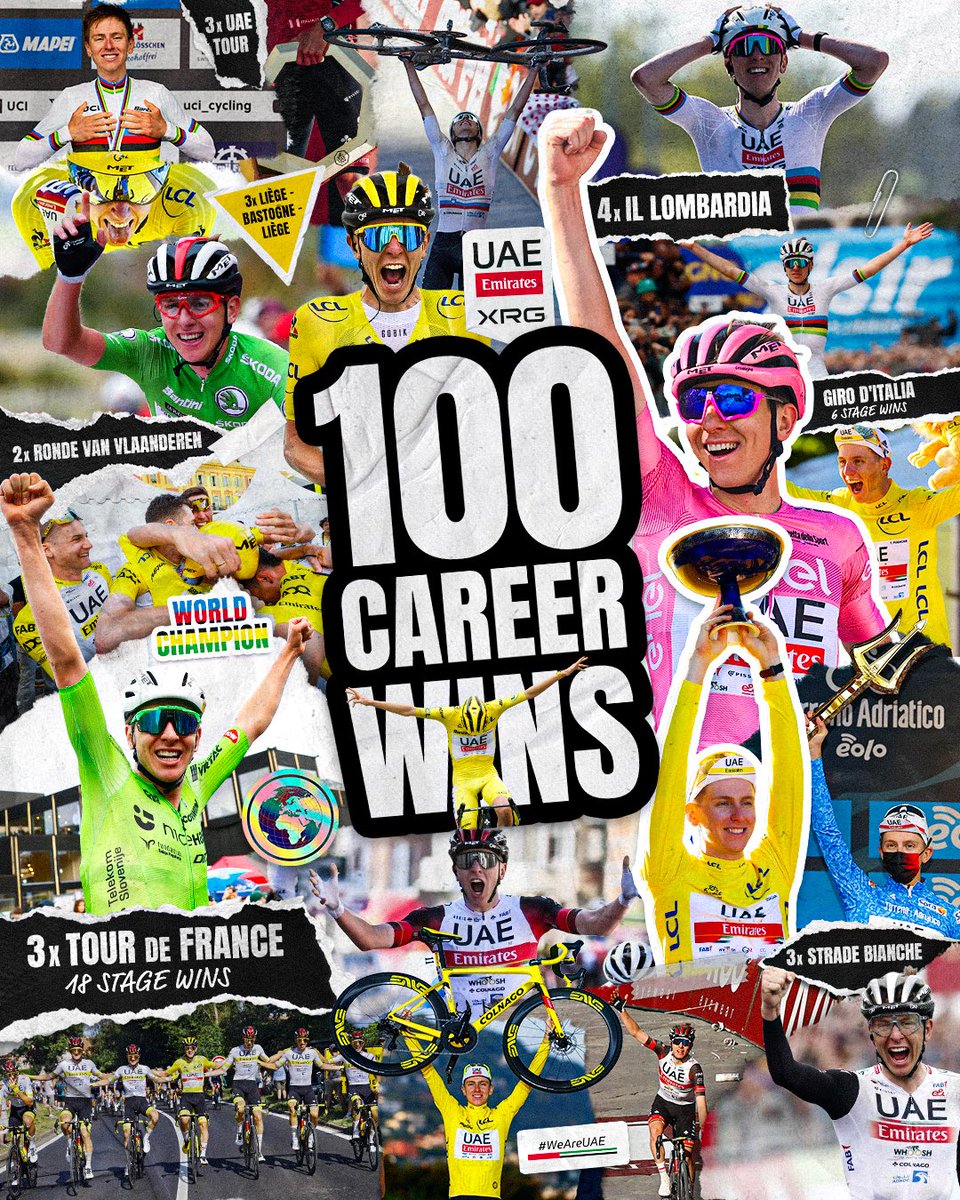 With victory on stage 4 of the #TDF2025, <a href="/TamauPogi/">Tadej Pogačar</a> has reached a major milestone 💯

Together with UAE Team Emirates-XRG, the world champion has achieved 100 career victories 💛

Keep making history, Tadej! We are with you all the way 👏🏻🥇 #WeAreUAE