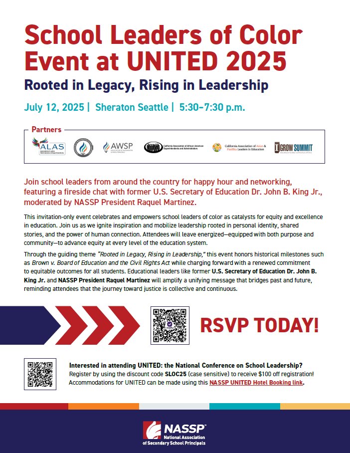 ALAS National (@alasedu) on Twitter photo If you’re attending the <a href="/NAESP/">National Assoc. of Elementary School Principals</a> and <a href="/NASSP/">National Assoc. of Secondary School Principals</a> UNITED conference, join us at 5:30 pm PDT on 7/12 for a happy hour/networking event featuring former U.S. Secretary of Education Dr. John B. King Jr., and NASSP President Raquel Martinez.
📅RSVP: bit.ly/4ldZRqc
⬇️ Details: If you’re attending the <a href="/NAESP/">National Assoc. of Elementary School Principals</a> and <a href="/NASSP/">National Assoc. of Secondary School Principals</a> UNITED conference, join us at 5:30 pm PDT on 7/12 for a happy hour/networking event featuring former U.S. Secretary of Education Dr. John B. King Jr., and NASSP President Raquel Martinez.
📅RSVP: bit.ly/4ldZRqc
⬇️ Details: