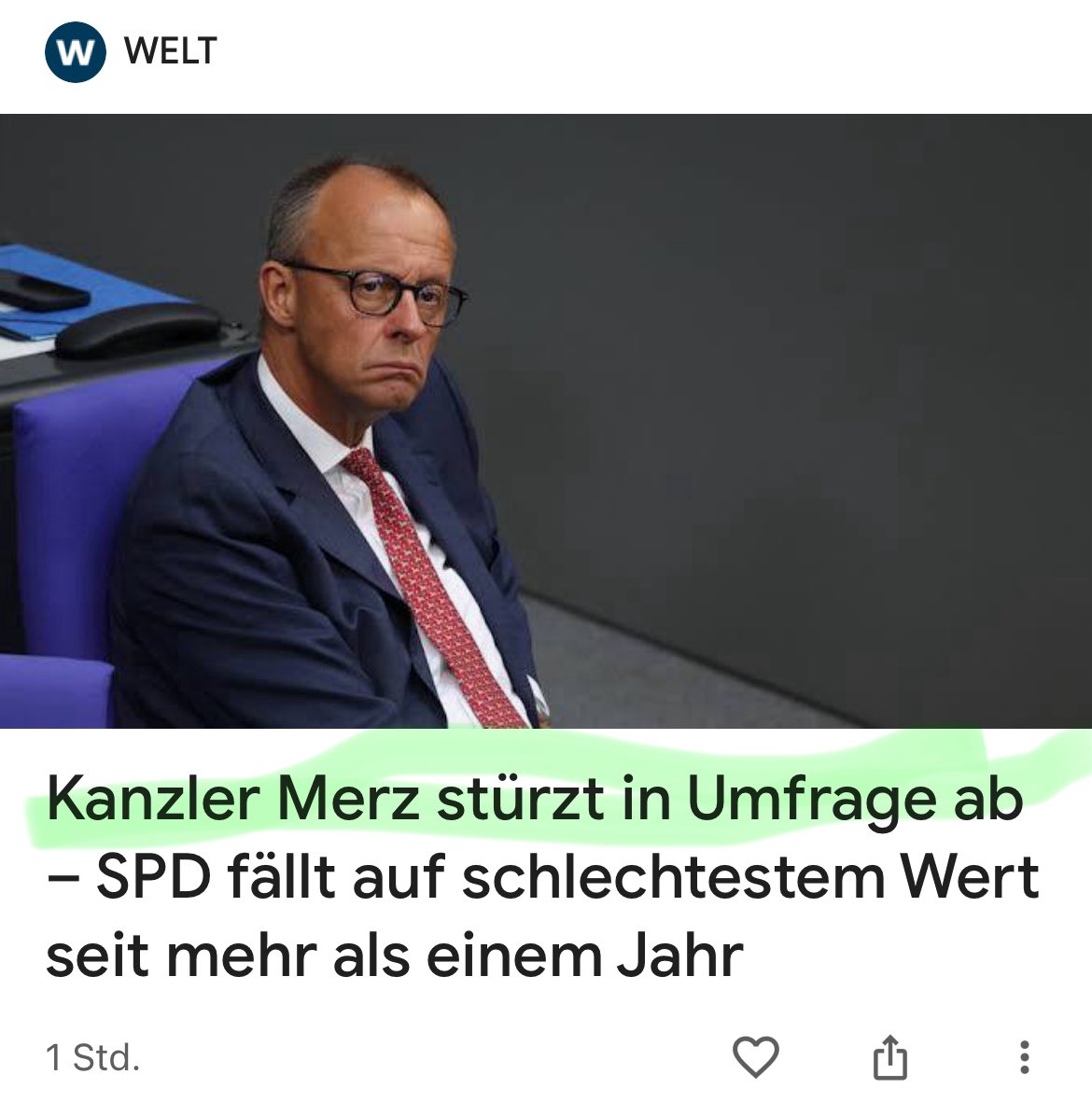 07.06.2025:
„Merz immer beliebter“. 
08.06.2025:
„Merz stürzt in Umfragen ab.“

Vertraut den Medien.