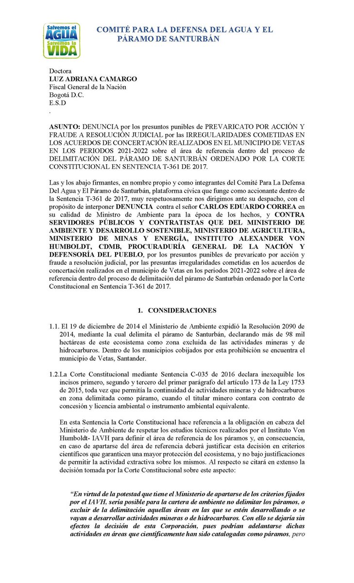 ComiteSanturban's tweet photo. Denunciamos penalmente en @FiscaliaCol al Ex Ministro de ambiente del gobierno de @IvanDuque @CarlosECorreaE por las irregularidades presentadas en el acuerdo de delimitación en Vetas que pretende habilitar 12 títulos mineros de foráneos y multinacionales en Santurbán https://t.co/UroAGbVozq