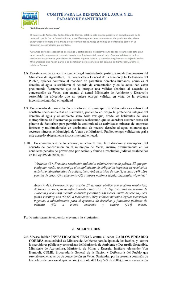 Denunciamos penalmente en <a href="/FiscaliaCol/">Fiscalía Colombia</a> al Ex Ministro de ambiente del gobierno de <a href="/IvanDuque/">Iván Duque 🇨🇴</a> <a href="/CarlosECorreaE/">Carlos Eduardo Correa</a> por las irregularidades presentadas en el acuerdo de delimitación en Vetas que pretende habilitar 12 títulos mineros de foráneos y multinacionales en Santurbán