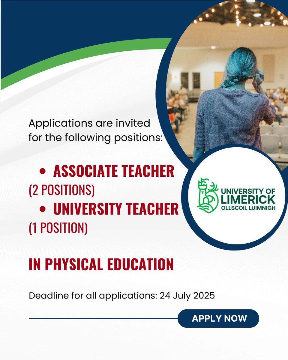 IrishSESA's tweet image. 💼 Job Opportunity @PessLimerick : Applications are invited for the following positions:
Associate Teacher (2 positions) and University Teacher (1 position) in Physical Education 
More details can be found here: isesa.ie/researchandemp…