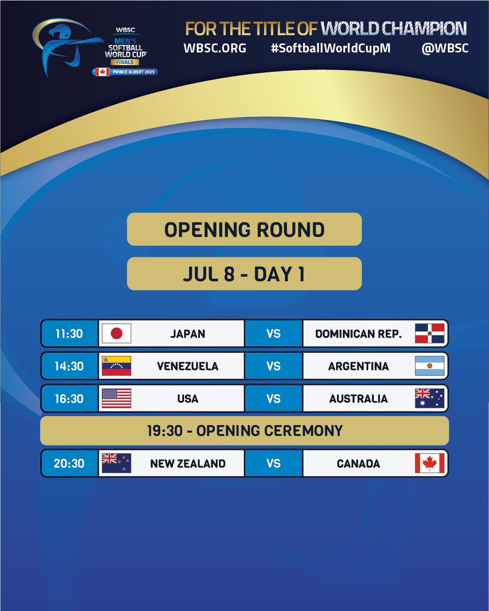 🔛 The WBSC Men's Softball World Cup Finals 2025 open in a couple of hours!
❓ Are you ready?
📍 Prince Albert, Canada
📺 gametime.sport 

#SoftballWorldCupM