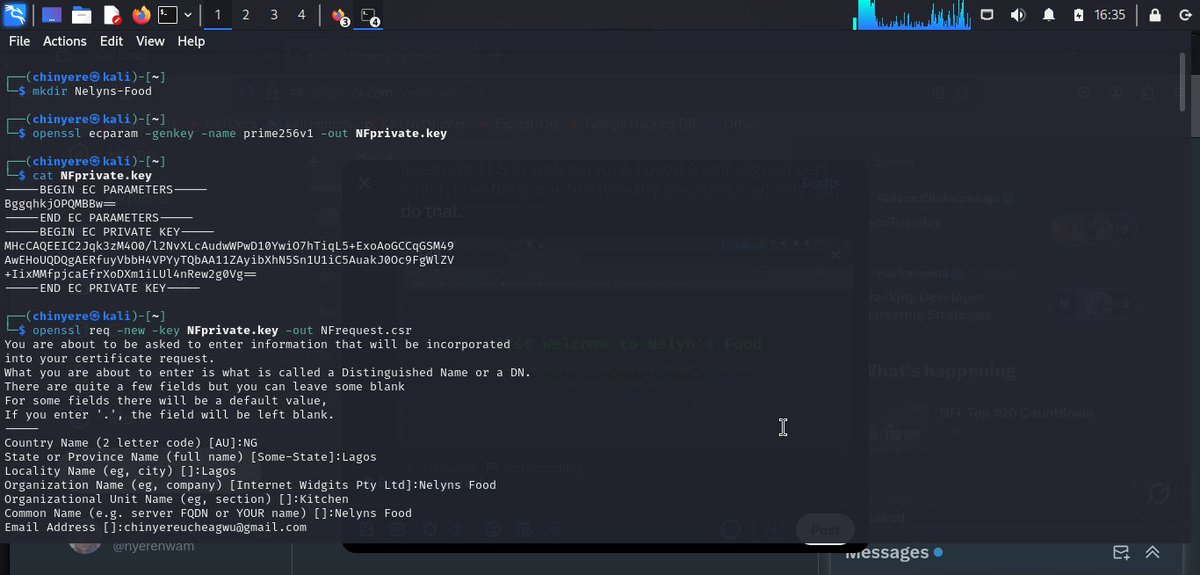 Chinyere | Cybersecurity ✍️ (@nyerenwam) on Twitter photo Day 51
#100DaysOfCybersecurity
<a href="/ireteeh/">Dr Iretioluwa Akerele</a> <a href="/akintunero/">Olúmáyòwá.dev</a> <a href="/OnijeC/">Cisco Nerd</a>
I spinned a tiny server today. Trying to practice how to integrate TLS in web servers. I used a self-signed cert which is entirely not trustworthy because anybody can do that. Day 51
#100DaysOfCybersecurity
<a href="/ireteeh/">Dr Iretioluwa Akerele</a> <a href="/akintunero/">Olúmáyòwá.dev</a> <a href="/OnijeC/">Cisco Nerd</a>
I spinned a tiny server today. Trying to practice how to integrate TLS in web servers. I used a self-signed cert which is entirely not trustworthy because anybody can do that.