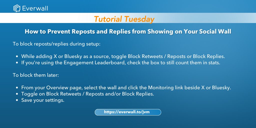 everwall's tweet image. Want a cleaner social wall feed at your next event? Use #Everwall to block replies and reposts—simple and effective.
#Tuesdaytutorial #DigitalSignage #EventMarketing #SocialTools