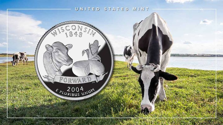 usmint's tweet image. Happy #CowAppreciationDay! To celebrate, we reflect back on the 2004 #Wisconsin State Quarter themed "FORWARD." The reverse design depicts the head of a cow, a round of cheese and an ear of corn. Learn more about the coin on our website 👉 bit.ly/402kDAC