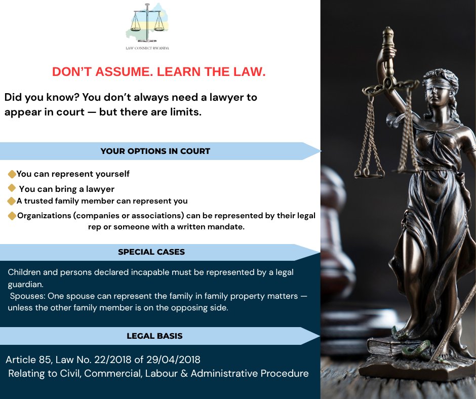 Don’t guess the law — get it right.
Yes, you can represent yourself in court — but not always.
 Lawyer not a must in lower courts
 Family can represent you (up to 4th degree)
 Kids &amp; incapacitated need legal reps
 You MUST have a lawyer at the Supreme Court &amp; Court of Appeal