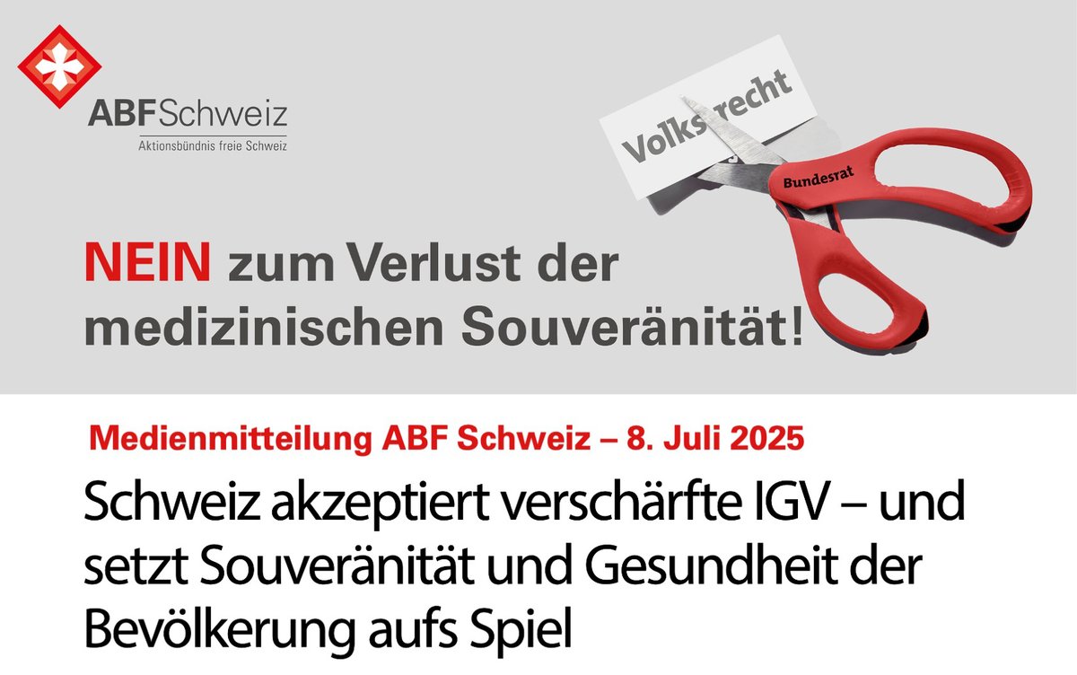 ABFSchweiz's tweet image. 🇨🇭Für eine selbstbestimmte Gesundheitspolitik!

Lesen Sie hier die ganze Medienmitteilung von ABF Schweiz abfschweiz.ch/wp-content/upl…

&quot;Die Schweiz macht definitiv mit bei den verschärften Internationalen Gesundheitsvorschriften der WHO. Das Parlament entmachtet sich damit selbst und…