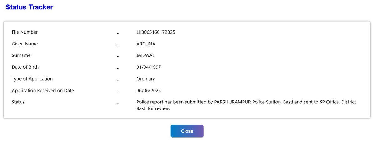 श्री मान liu महोदय बस्ती 
मेरे बहन अर्चना कर पासपोर्ट वेरिवेक्शन परसराम पुर थाने से लगभग १ माह पहले हो गया और अभी बस्ती से वेरिफिकेशन नहीं हुआ । कृपा वेरिफिकेशन समय से पूरा करने की कृपा करे जिसेसे समय से पासपोर्ट बन जाये । आप की महती कृपा होगी <a href="/Uppolice/">UP POLICE</a> <a href="/bastipolice/">BASTI POLICE</a>