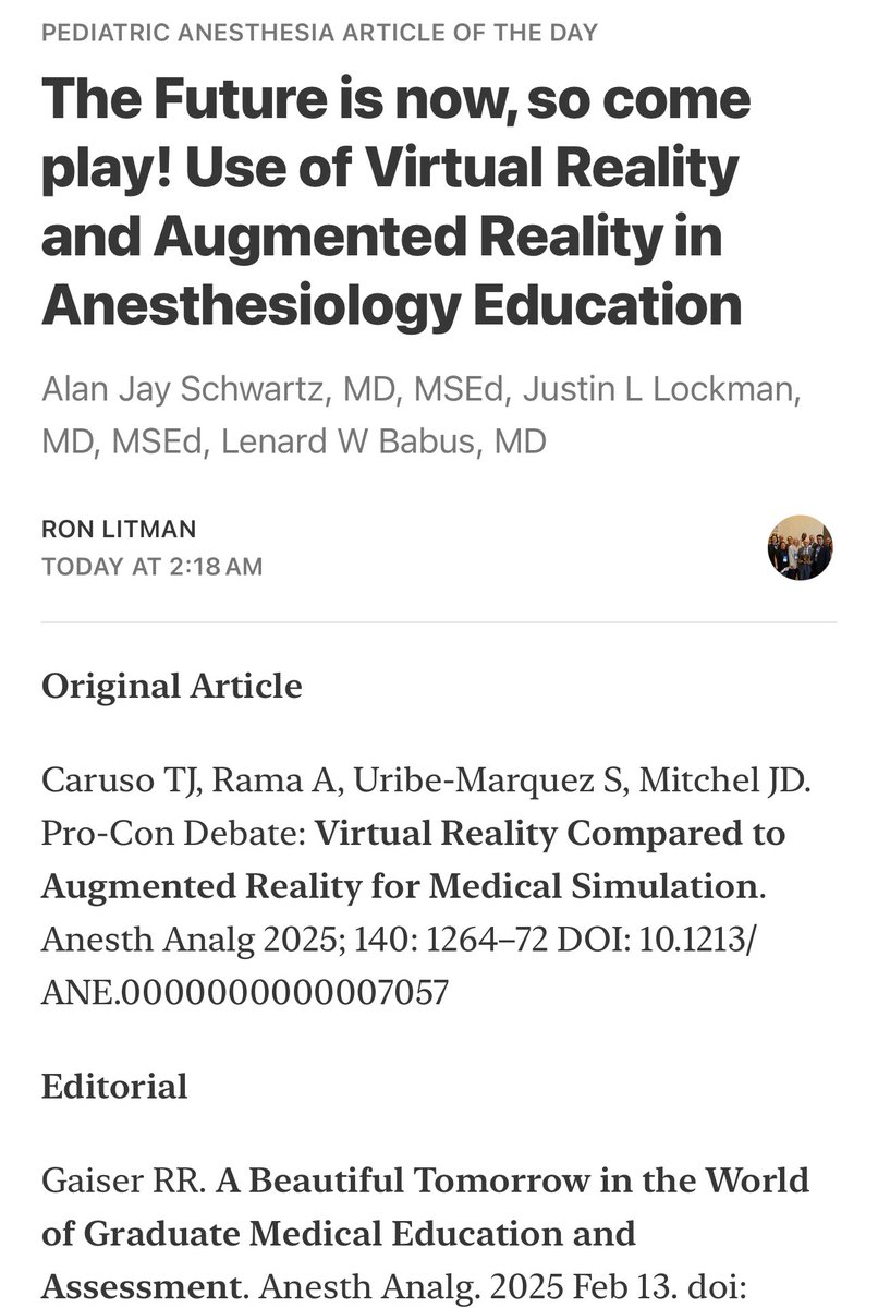 Pediatric Anesthesia Article of the Day 

The Future is now, so come play! Use of Virtual Reality and Augmented Reality in Anesthesiology Education

Schwartz, MD, MSEd, Lockman, MD, MSEd, Babus, MD

open.substack.com/pub/ronlitman/…

#PedsAnes #PedsPain #PedsCardsAnes #PedsICU #MedEd #PAAD