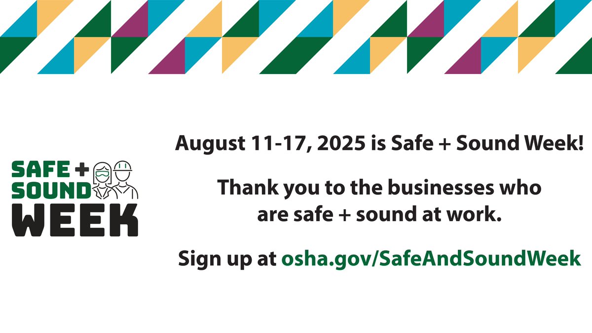 ✅ Safe + Sound Week is Aug 11–17! 

Celebrate workplace safety, reflect on your progress, and energize your program. Strong safety programs protect workers &amp; boosts workplace health.

📅 Register: osha.gov/safeandsoundwe… 

#OSHA #SafeandSoundWeek #WorkplaceSafety