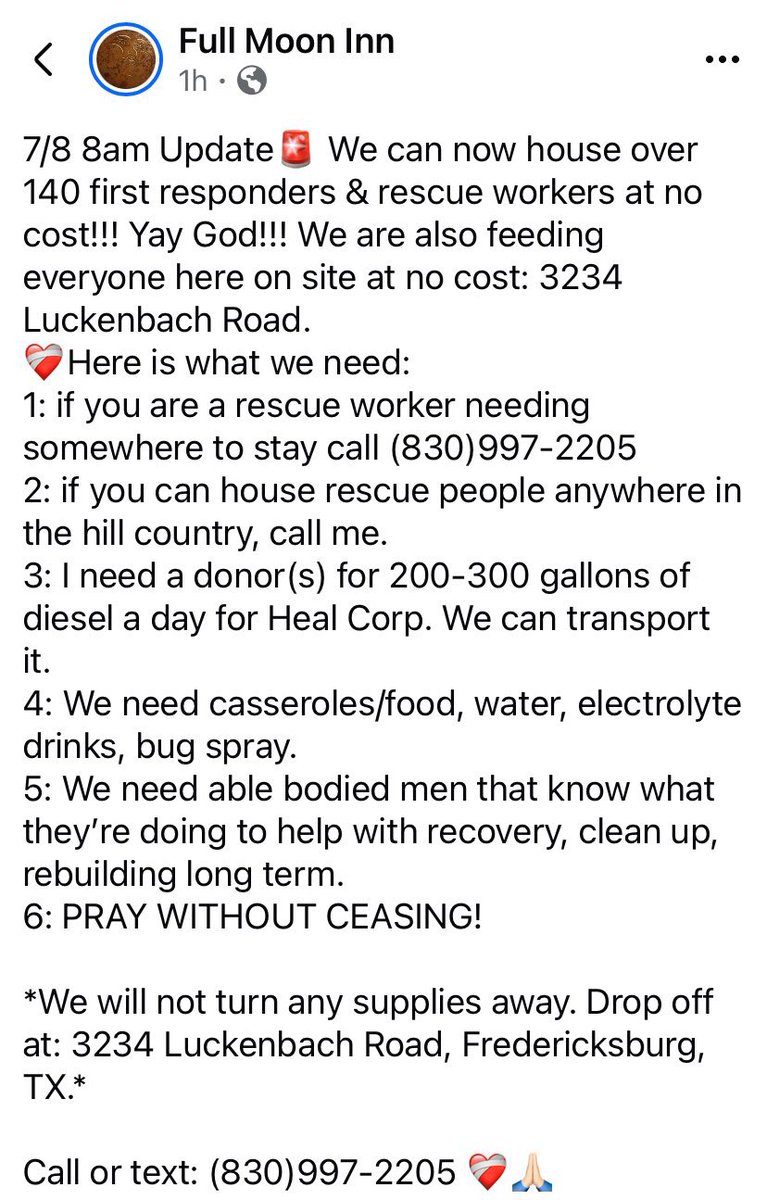 JennyTexas1's tweet image. #TexasFloods We can house over 140 rescue workers & 1st responders now in Fredericksburg where, TX! All housing & food is free for them. Please call (830)997-2205 if you are a rescue worker or can help with the flood recovery & clean up. #TexasStrong ❤️🩹🇺🇸