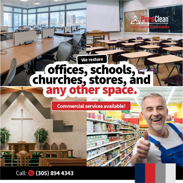 PuroCoralGables's tweet image. When disaster strikes your business, every second counts. Whether it’s a school, office, church, retail store, or any other commercial space, we are here to help. 

Contact us for commercial restoration (305) 894-4343

#CoralGables #CommercialCleanup #PuroClean #PropertyDamage