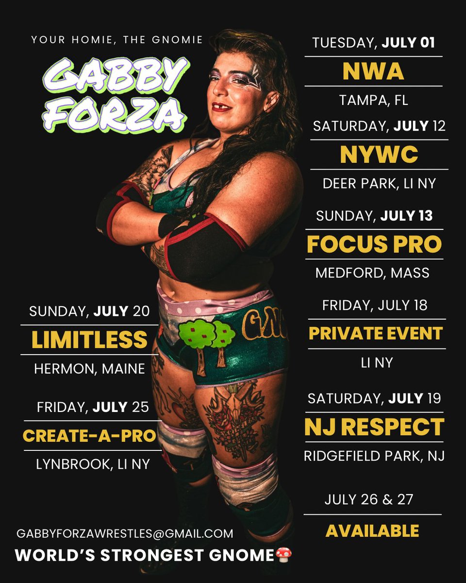 Gnome of the Brave festivities are over! 🍄🦷🩵

Back to it this weekend 👹💪💥

Dates available: July 26 &amp; 27th (Sat/Sunday!)

Booking info: gabbyforzawrestles@gmail.com !