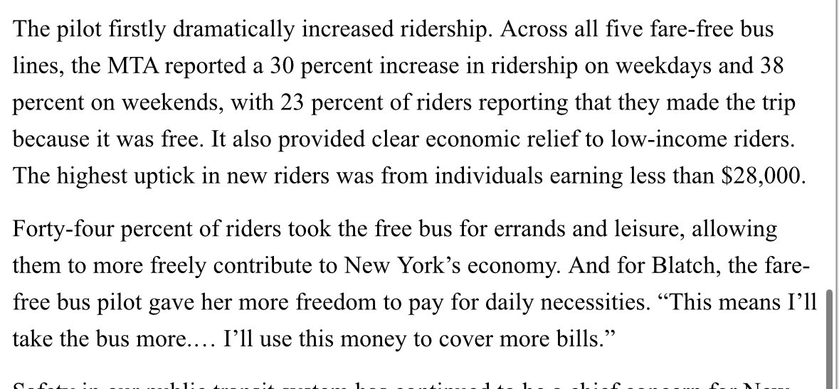 A free bus pilot program in NYC showed free buses dramatically increased ridership.

Buses should be mass transit, not an emotional security blanket for classist Yimby’s who want cities to become the suburbs they grew up in.